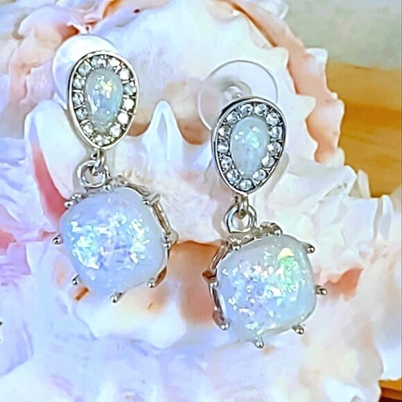 SYNTHETIC OPAL & CZ RHODIUM PLATED STAINLESS STEEL POST EARRINGS - Picture 1 of 6